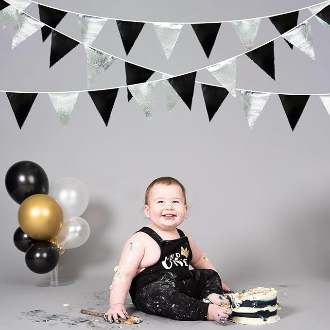 Black and Silver Party Decorations Triangle Pennant Banner Flag Metallic Fabric - Image 6