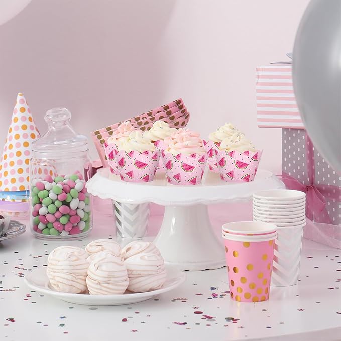 Whaline 36Pcs Watermelon Cupcake Wrappers Watercolor Pink Watermelon Cupcake - Image 6