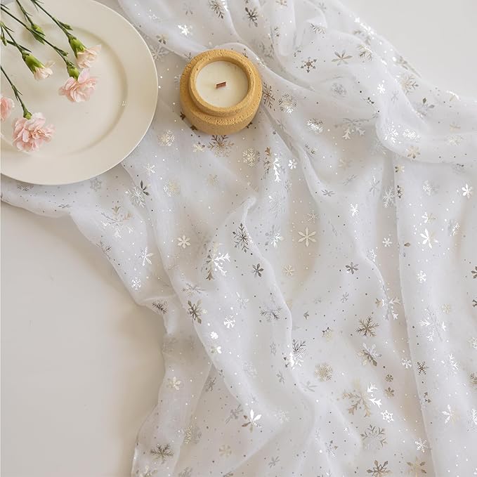 Silvery Snowflake Metallic Print Tulle Christmas Table Runner, Seasonal Winter - Image 2