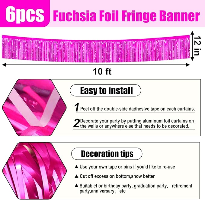 6 Pack 10 Feet Rose Red Foil Fringe Garland Metallic Tinsel Streamers Banner - Image 2