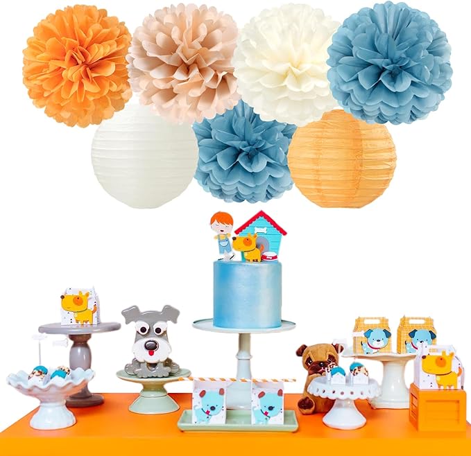 Dusty-Blue Orange Party-Decorations Paper-Flowers Lanterns - Image 3