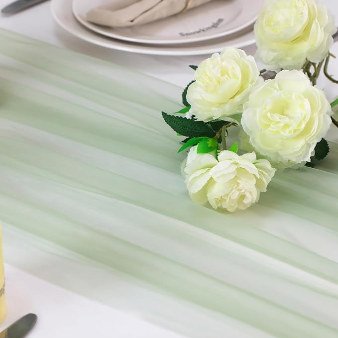 Snowkingdom Sage Green Table Runner, 10 FT Sheer Tulle Cheesecloth Gauze - Image 2