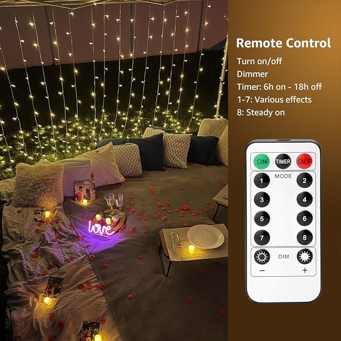 LE Fairy Curtain Lights Battery Operated & USB Plug in, Remote 10 x 10 ft - Image 3