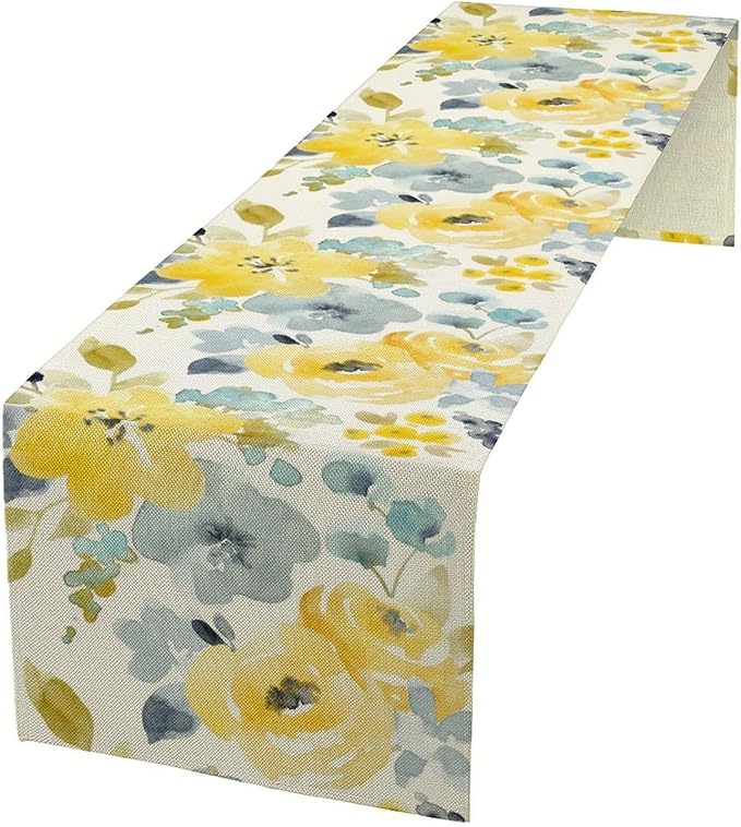 Watercolor Floral Table Runner, Seasonal Summer Yellow Flower Print Kitchen by Unknown