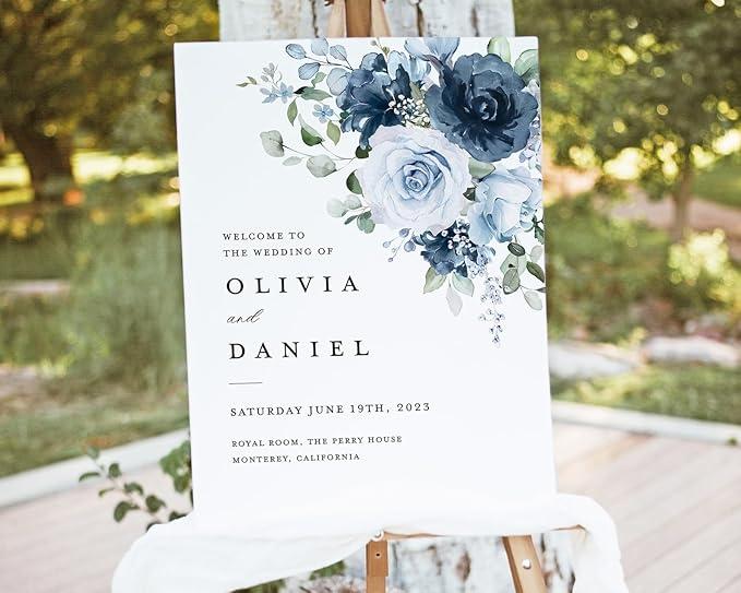 Welcome Wedding Sign Personalized, Elegant Light Blue Rose Wedding Sign - Image 2
