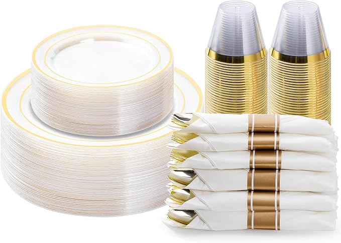 BESTVIP 175PCS Clear Gold Plastic Dinnerware Set, Disposable Party Plates by Bestvip