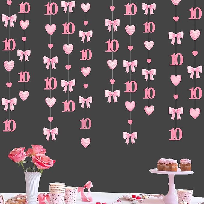 40Ft Pink 10th Bow Birthday Decorations Hot Pink Conquette Bow Heart Garland - Image 4