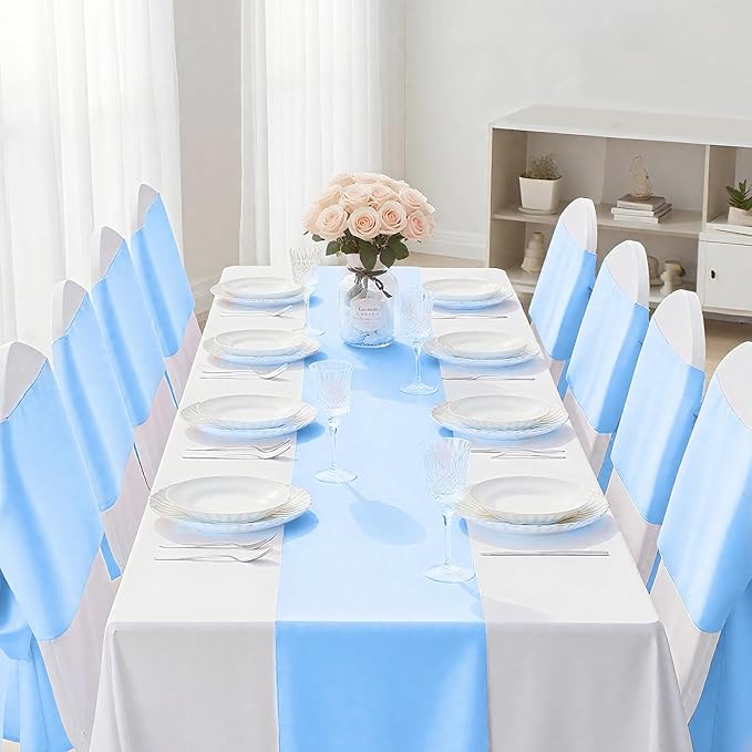 SHEJIZE 2 Pack Light Blue Satin Table Runner 12x108 Inches Long, Bright Silky - Image 2