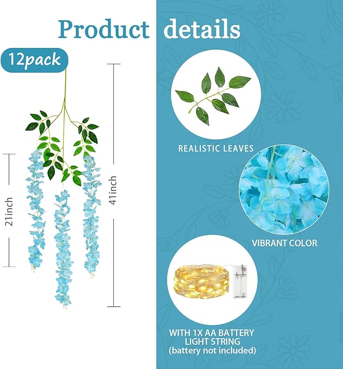 12 Pack Lake Blue Wisteria Hanging Flowers Garland - Image 2