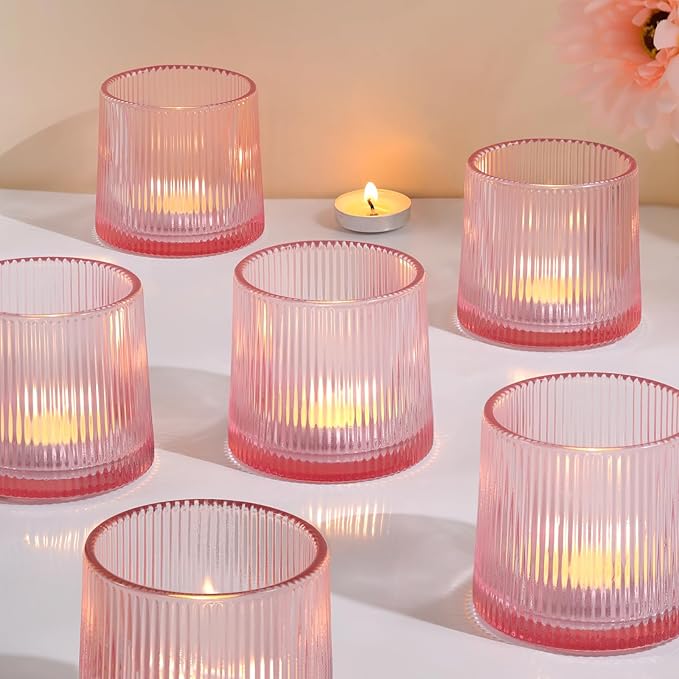 Pink Ribbed Tealight Votive Candle Holders- 6Pack Glass Candle Holders by DARJEN