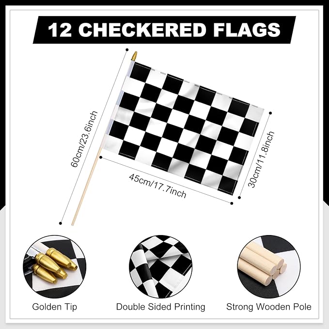 12 Pack Checkered Small Stick Flag 12x18 Inch Black and White Racing Hand Held - Image 2