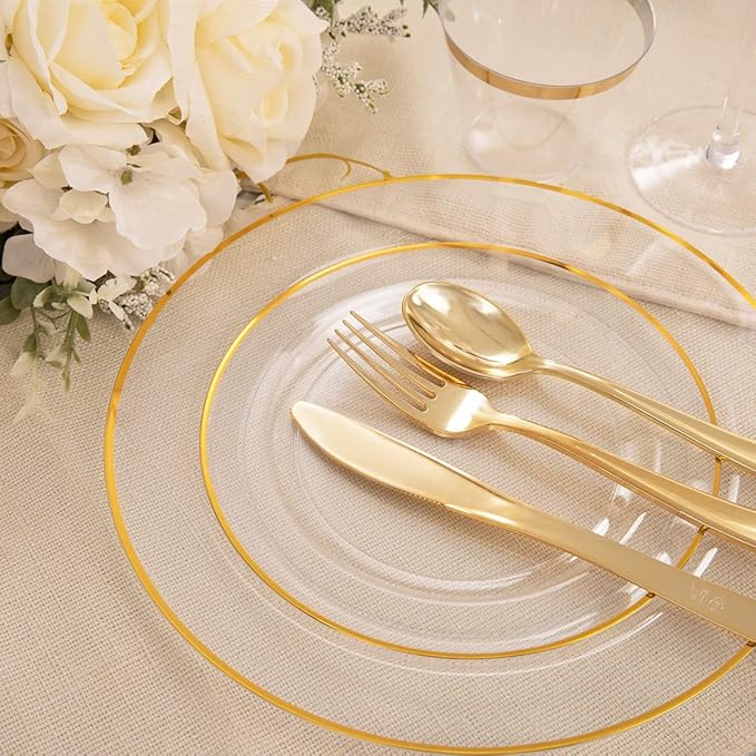 SUT 150 PCS Gold Plastic Plates, Disposable Clear Gold Dinnerware Set - Image 4