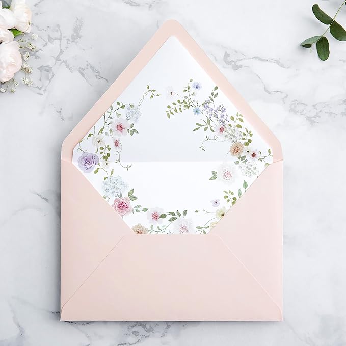 PONATIA 50PCS A7 Euro Flap Envelopes, 5.25 x 7.25'' Blush Pink Flowers Liner by ponatia