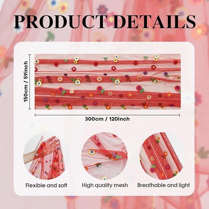 Artoid Mode Red Embroidery Daisy Gauze Table Runner 120 Inch 10FT, Seasonal - Image 5