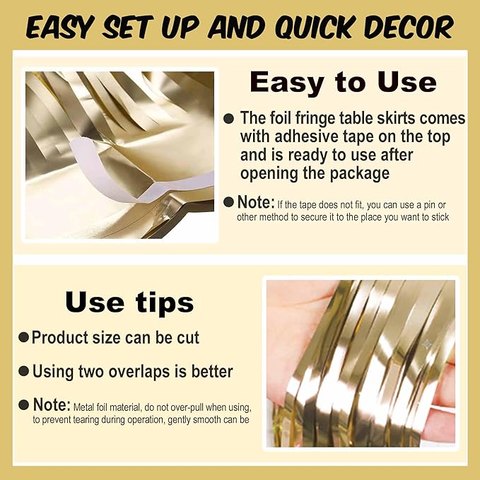 3 Pack 29 x108 Inch Light Gold Foil Fringe Table Skirts Metallic Banner - Image 2