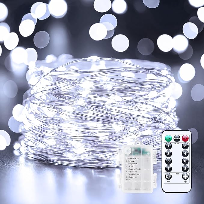 33Ft 100LED Outdoor String Lights, Pure White Fairy Lights Battery Operated by Minetom