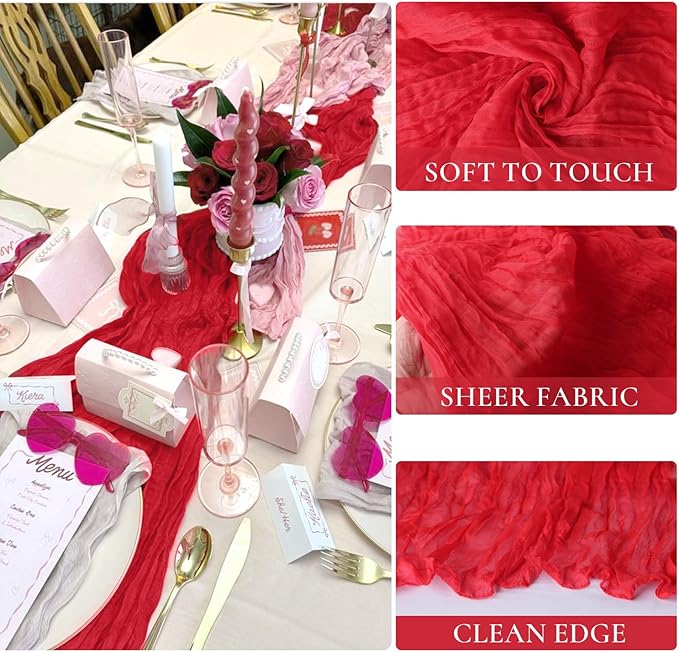3 Pack Red Cheesecloth Table Runner Gauze Christmas Table Runner 35x120 Inch - Image 3
