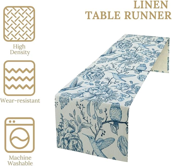 Blue White Table Runner Retro Monochrome Sketch Birds Flower Vintage Floral - Image 4