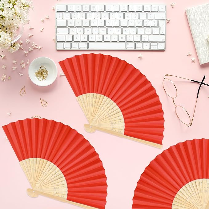 12 Pieces Red Hand Held Bamboo Folding Fans Paper Fans Handheld - Image 6