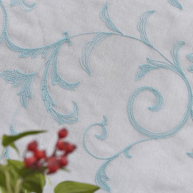 Floral Embroidery Sheer Curtains Blue 45 Inch Length, Vintage Rod Pocket Voile - Image 7