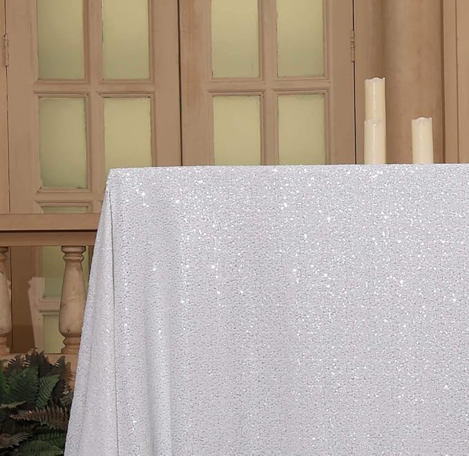 SquarePie Sequin Tablecloth 90 x 132 Inch White Sparkly Table Cloth - Image 7
