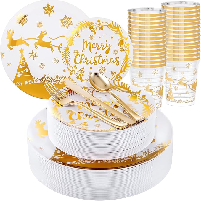 Supernal 150pcs Christmas Plates, Christmas Plastic Dinnerware include Gold by supernal