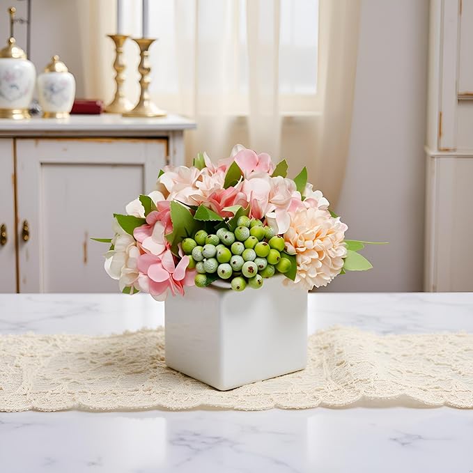 LADADA Artificial Hydrangea Flower Arrangement in Ceramic Vase and Vase Home - Image 5