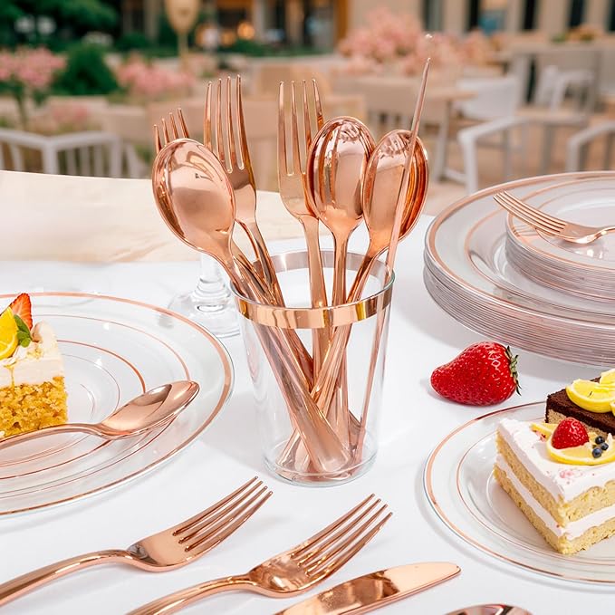 bUCLA 600PCS Rose Gold Plastic Silverware Set - Image 3