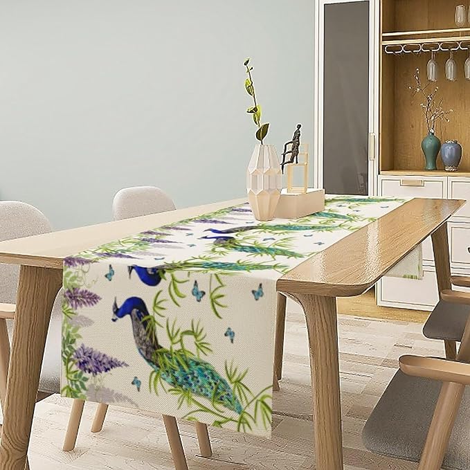 Peacock Table Runner, Spring Plant Butterfly Print Seasonal Table Runner - Image 2