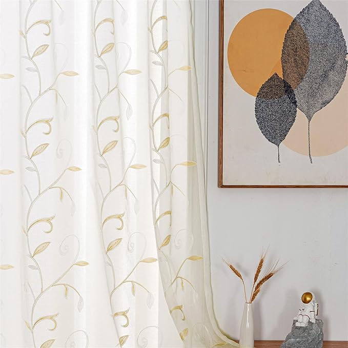 VISIONTEX Sheer Curtains 120 inch Length 2 Panels Set, Rod Pocket Embroidered by VISIONTEX