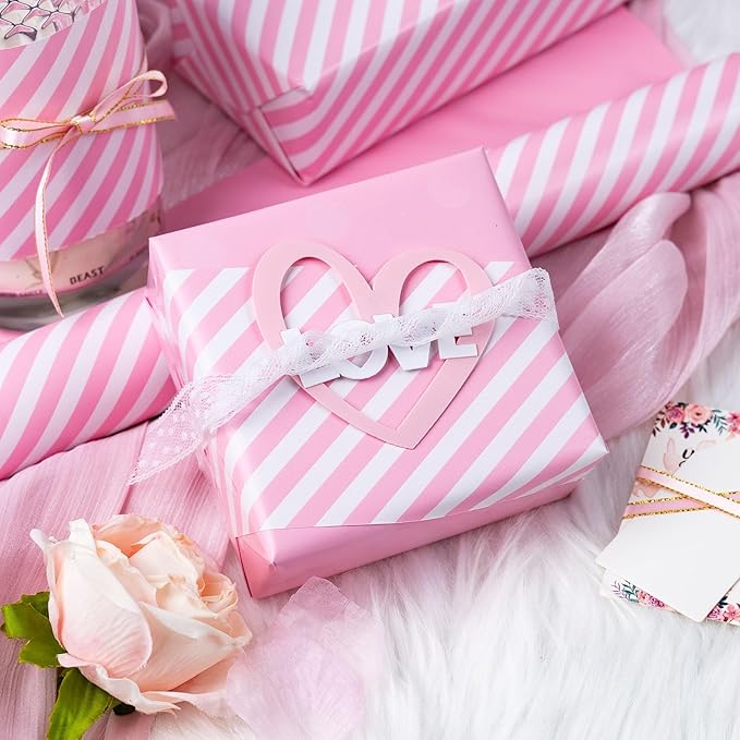 Burymento Pink and White Stripes Wrapping Paper, Reversible Pink Gift Wrap - Image 2