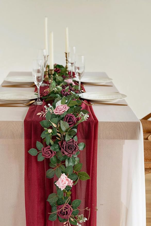 Ling's moment 5FT Burgundy Artificial Flower Garland Dusty Rose Leaves Floral - Image 3