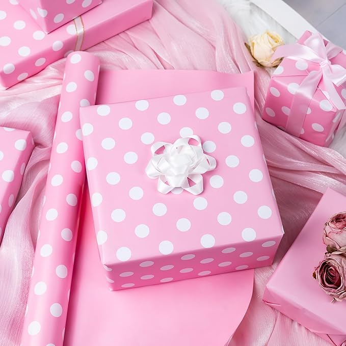 Burymento Pink and White Dots Wrapping Paper, Reversible Pink Gift Wrap - Image 2