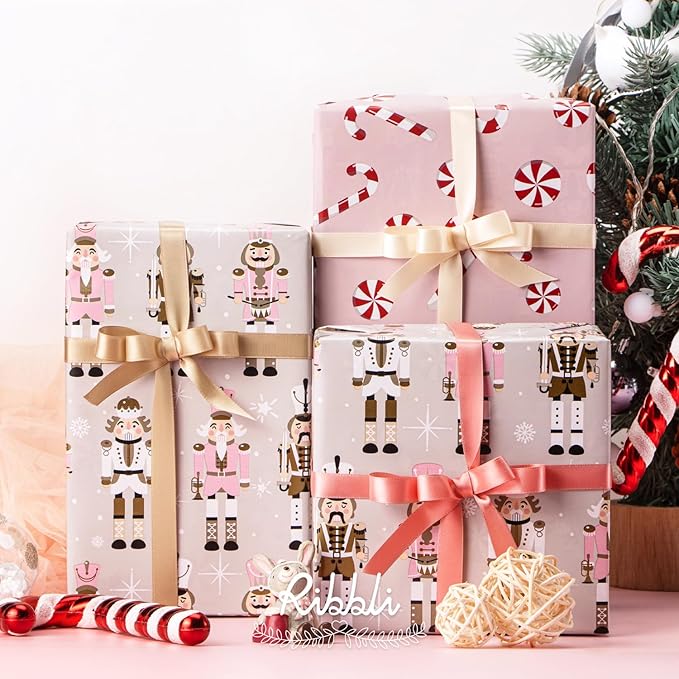 Ribbli Reversible Christmas Wrapping Paper Rolls, Nutcracker and Candy Cane - Image 5