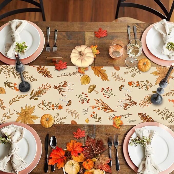 Grey Wildflower Leaves Floral Fall Table Runner, Seasonal Autumn Harvest - Image 4