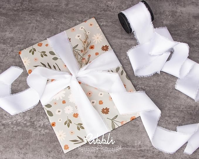 Ribbli White Silk Satin Ribbon 1.5 Inch x 12 Yard Handmade Frayed Chiffon Ribbon - Image 3