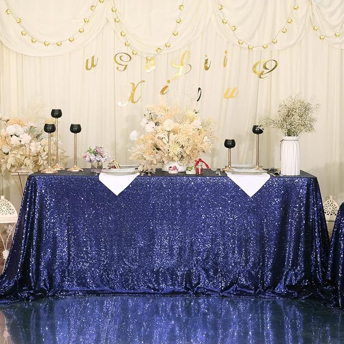 SquarePie Sequin Tablecloth 60 x 120 Inch Navy Blue Sparkly Table Linen - Image 3