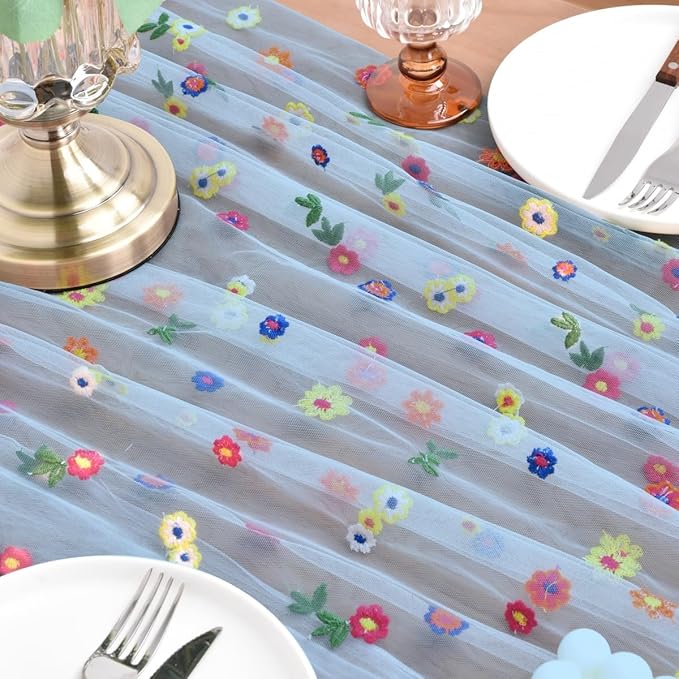 Joanlody Blue Embroidery Daisy Fall Thanksgiving Table Runner Florals Seasonal - Image 5