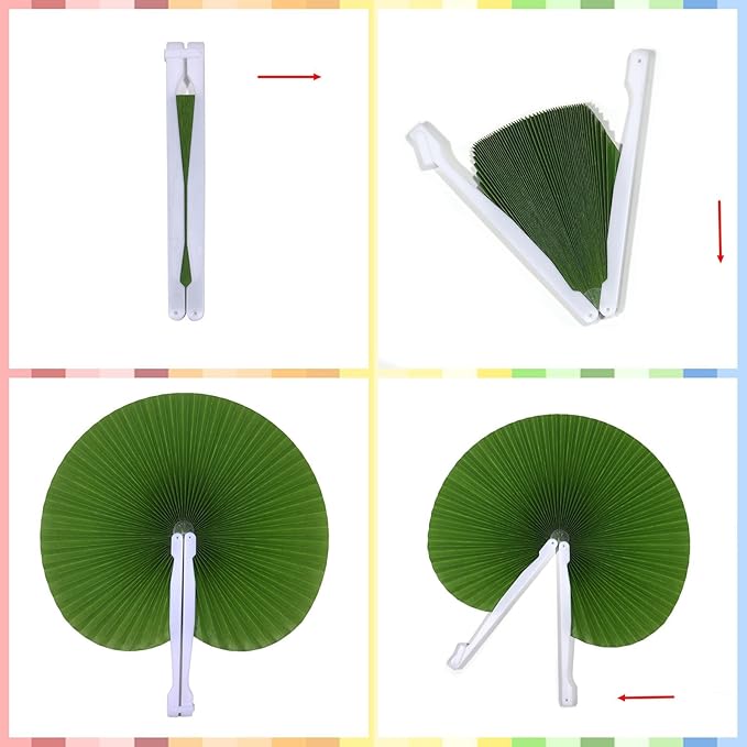 12 Packs Decorative Paper Folding Hand Fans Handheld, Grass Green Round - Image 6