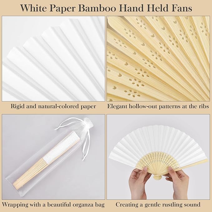 MCEAST 120 Pieces Wedding Handheld Paper Fans White Bamboo Folding Paper Fan - Image 3