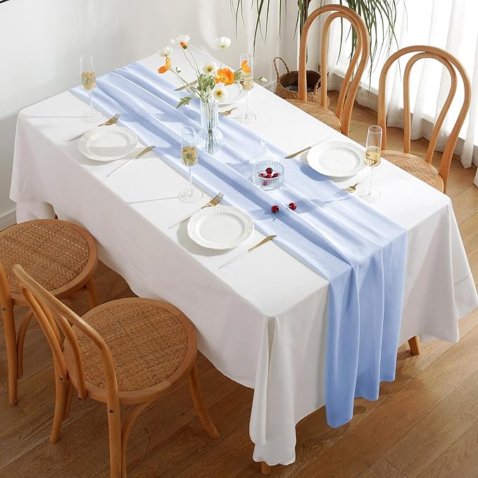 2 Pack 10 Ft Chiffon Table Runner Light Blue Gauze Long Table Runners 27x120 - Image 2