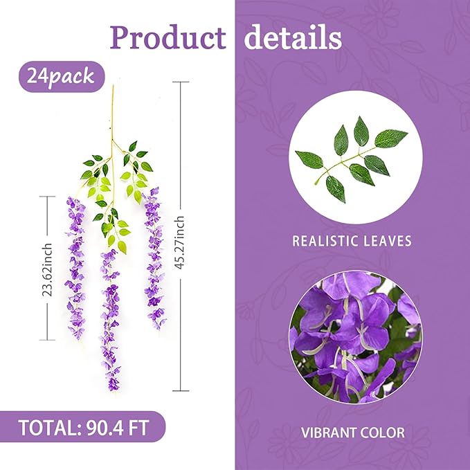 24 Pack Purple Wisteria Hanging Flowers Garland, 3.77 Feet Artificial Flower - Image 2