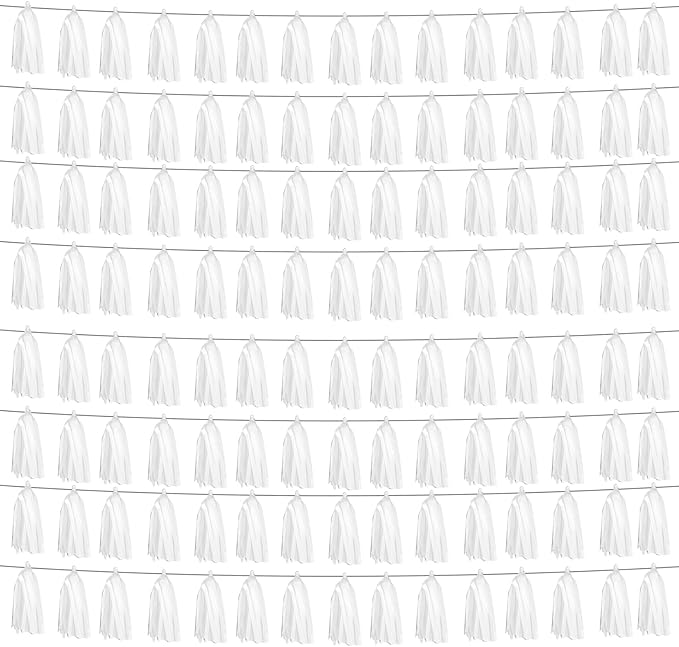 8P White Foil Fringe Metallic Tassel Streamers Banner Tassel Garland by HYSILLA