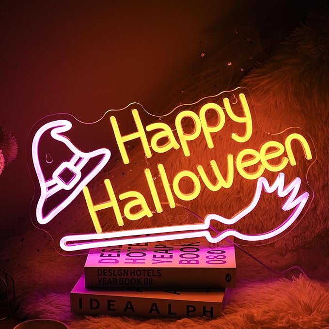 Happy Halloween Neon Sign Witch Hat Neon Sign Dimmable Broom Led Wall Decor by LISIGNVE
