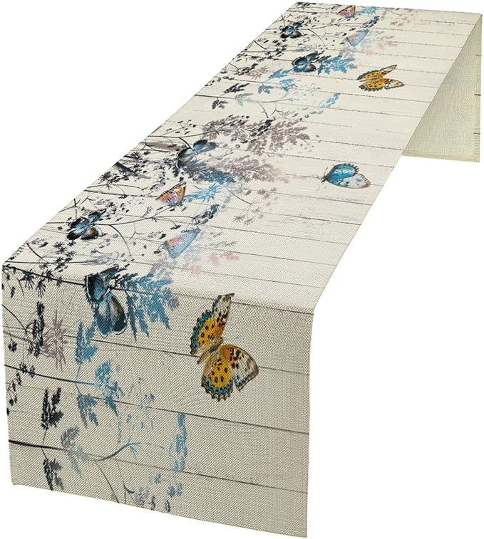 Nature Dandelion Table Runner, Rustic Floral Wood Plank Butterfly Girl Women by Kurtect