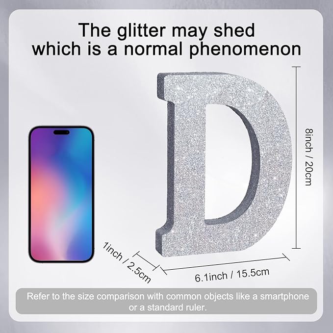 TONIFUL 8 Inch Silver Glitter Letter D Table Centerpiece A-Z Silver Birthday - Image 2