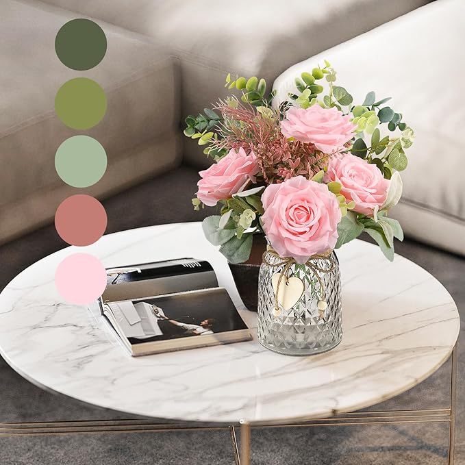 HOHOTIME Artificial Flowers in Vase, Faux Silk Pink Roses Table Centerpiece - Image 4