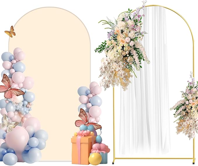 Metal Arch Backdrop Stand and Cover Set, 7.2FT Beige Reusable Spandex Fitted by CHUNQIANGCAIDESIGN