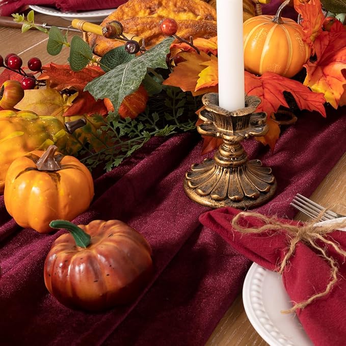 Burgundy Velvet Table Runner Fall Thanksgiving Red Table Runner 20 x 120 Inch - Image 6