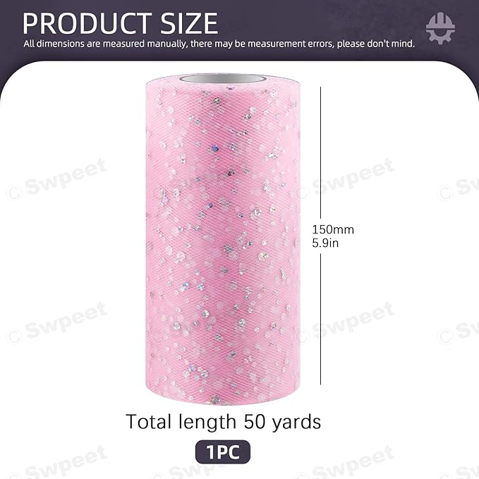 Swpeet 6 Inch by 50 Yards Pink Glitter Tulle Fabric Roll, Fabric Spool - Image 2